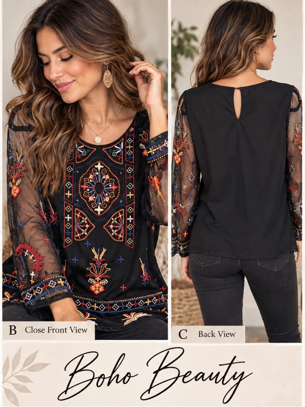 DEX Black Embroidered Mesh Beaded Boho Top Size M